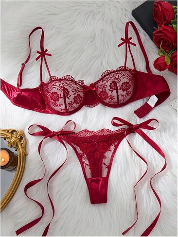SOLY HUX Women's Floral Embroidery Mesh Lingerie Set Sheer Underwire Bra and Tied Side Thong Sets Pure Burgundy Small in Saudi Arabia