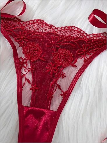 SOLY HUX Women's Floral Embroidery Mesh Lingerie Set Sheer Underwire Bra and Tied Side Thong Sets Pure Burgundy Small in Saudi Arabia