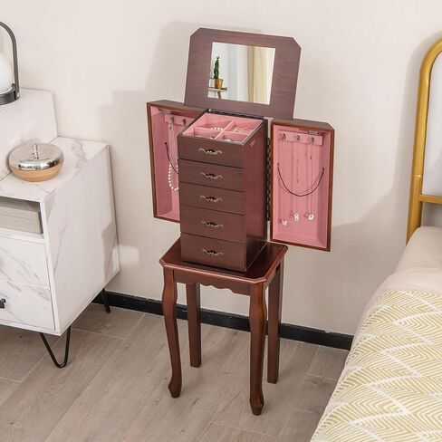 LOKO Standing Jewelry Armoire, 5-Layer Cabinet with Flip Up Mirror, Side Doors, Large Capacity & Storage Compartment, Freestanding Space-Saving Jewelry Storage Chest for Necklaces, Earrings, Bracelets in Kuwait