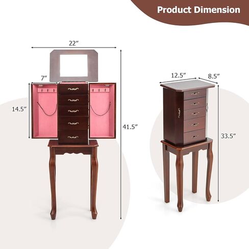 LOKO Standing Jewelry Armoire, 5-Layer Cabinet with Flip Up Mirror, Side Doors, Large Capacity & Storage Compartment, Freestanding Space-Saving Jewelry Storage Chest for Necklaces, Earrings, Bracelets in Kuwait