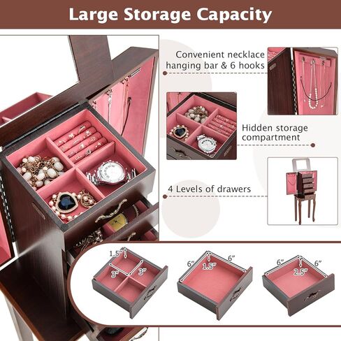 LOKO Standing Jewelry Armoire, 5-Layer Cabinet with Flip Up Mirror, Side Doors, Large Capacity & Storage Compartment, Freestanding Space-Saving Jewelry Storage Chest for Necklaces, Earrings, Bracelets in Kuwait