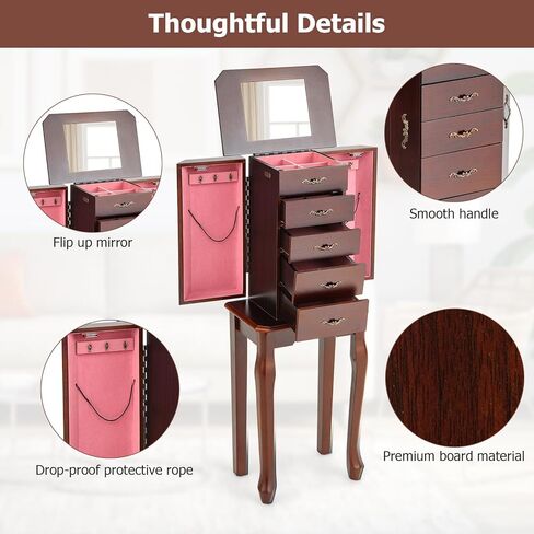 LOKO Standing Jewelry Armoire, 5-Layer Cabinet with Flip Up Mirror, Side Doors, Large Capacity & Storage Compartment, Freestanding Space-Saving Jewelry Storage Chest for Necklaces, Earrings, Bracelets in Kuwait