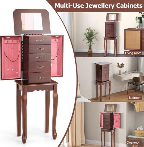LOKO Standing Jewelry Armoire, 5-Layer Cabinet with Flip Up Mirror, Side Doors, Large Capacity & Storage Compartment, Freestanding Space-Saving Jewelry Storage Chest for Necklaces, Earrings, Bracelets in Kuwait