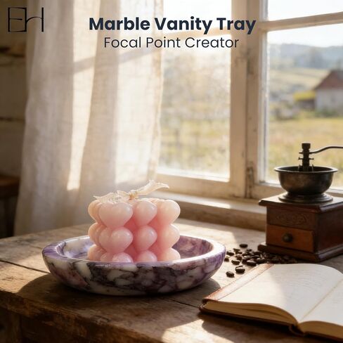 طبق حلية رخامية، صينية رخامية كالاكاتا للمجوهرات والمفاتيح، طبق صابون دائري وحامل شموع على شكل وعاء حجري مزخرف لطاولة المدخل، الحمام، الغرور (فيولا، 5.5 بوصة) in Kuwait