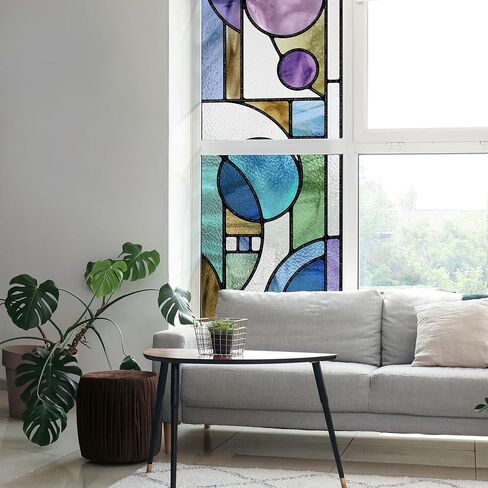 Faux Stained Glass Effect Window Privacy Film, Original Hand Dawn Static Cling Texture Sticker Inspired by Frank Lioyd Wright, 22.83" x114.17" March Balloon, Cool Colors in Kuwait
