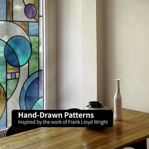 Faux Stained Glass Effect Window Privacy Film, Original Hand Dawn Static Cling Texture Sticker Inspired by Frank Lioyd Wright, 22.83" x114.17" March Balloon, Cool Colors in Kuwait