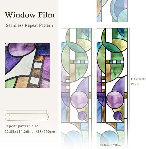 Faux Stained Glass Effect Window Privacy Film, Original Hand Dawn Static Cling Texture Sticker Inspired by Frank Lioyd Wright, 22.83" x114.17" March Balloon, Cool Colors in Kuwait