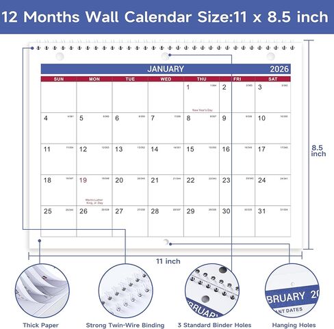 2026 Calendar - 2026 Wall Calendar, Jan. 2026 - Dec. 2026, 8.5" x 11", Memoranda Lined Pages with Thick Paper, Twin-Wire Binding, Holidays, Julian Dates in Kuwait