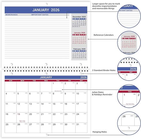 2026 Calendar - 2026 Wall Calendar, Jan. 2026 - Dec. 2026, 8.5" x 11", Memoranda Lined Pages with Thick Paper, Twin-Wire Binding, Holidays, Julian Dates in Kuwait