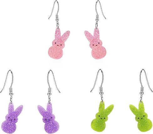 Easter Bunny Earrings for Women,Cute 3 Pairs Colorful Rabbit Dangle Earrings Glitter Acrylic Easter Candy Earring Hypoallergenic Spring Holiday Party Jewelry in Kuwait