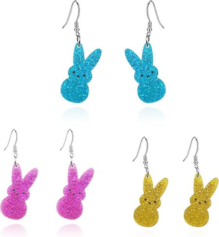 Easter Bunny Earrings for Women,Cute 3 Pairs Colorful Rabbit Dangle Earrings Glitter Acrylic Easter Candy Earring Hypoallergenic Spring Holiday Party Jewelry in Saudi Arabia