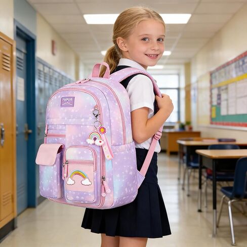 Girls Backpack Starry Rainbow Bookbag Cute Large Capacity Backpack Multifunction Fashion Casual Laptop Travel Bag For Girl (Purple-17inch) in Saudi Arabia
