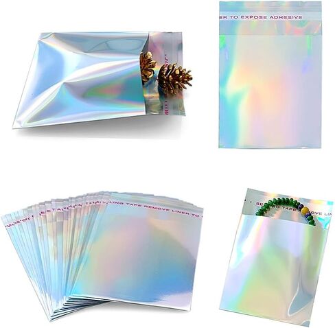 100 PCS Holographic Self Sealing Envelopes Bags 4x5 Glitter Adhesive Mylar Treat Goodie Bags for Sample Packaging Party Supplies in Saudi Arabia