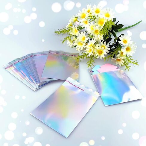 100 PCS Holographic Self Sealing Envelopes Bags 4x5 Glitter Adhesive Mylar Treat Goodie Bags for Sample Packaging Party Supplies in Saudi Arabia