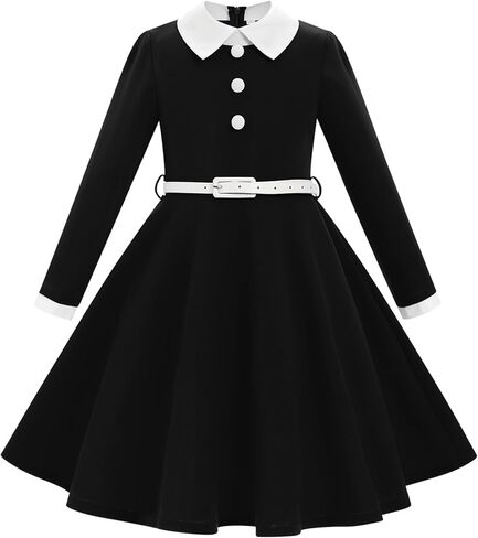 ODIZLI Kids Girls 1950s Retro Vintage Dress Long Sleeve Contrast Panel Belted Swing Dresses with Pockets Party Dress in Saudi Arabia