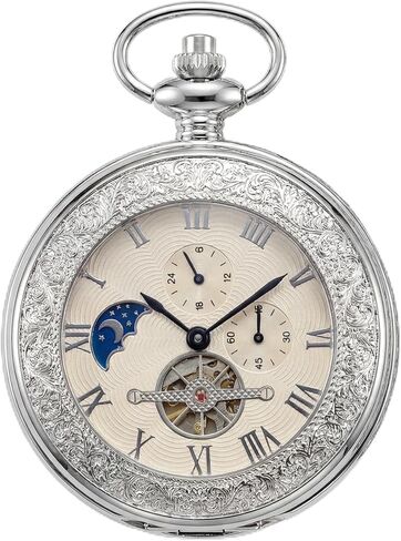 احصل على ساعة جيب ميكانيكية عتيقة من HOUSIA - حافظة رائعة منقوشة بالزهور على الوجهين، تصميم هيكل عظمي هنتر واحد، ساعة فضية عتيقة ذات تعبئة يدوية مع سلسلة 25 سم، صندوق هدايا للرجال in Kuwait