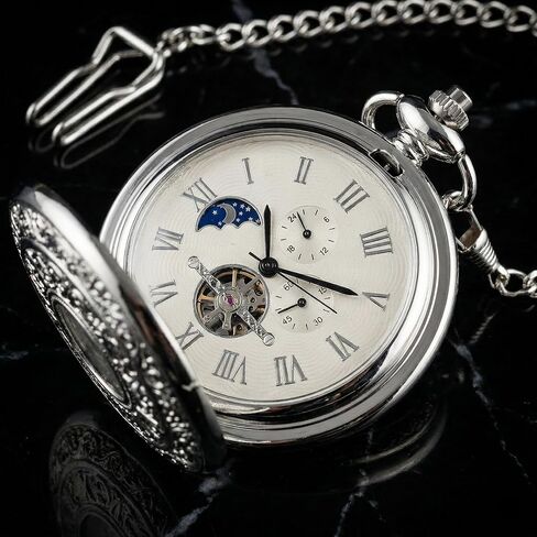 احصل على ساعة جيب ميكانيكية عتيقة من HOUSIA - حافظة رائعة منقوشة بالزهور على الوجهين، تصميم هيكل عظمي هنتر واحد، ساعة فضية عتيقة ذات تعبئة يدوية مع سلسلة 25 سم، صندوق هدايا للرجال in Kuwait