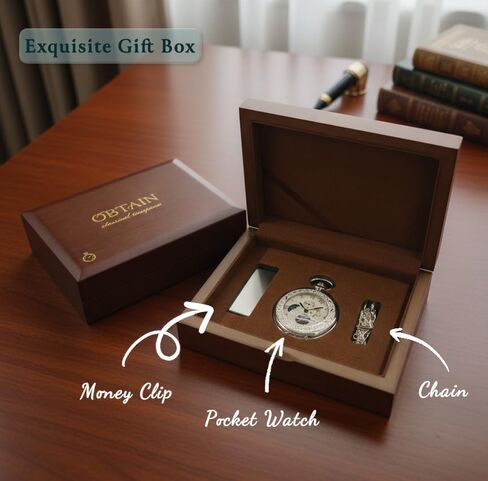 احصل على ساعة جيب ميكانيكية عتيقة من HOUSIA - حافظة رائعة منقوشة بالزهور على الوجهين، تصميم هيكل عظمي هنتر واحد، ساعة فضية عتيقة ذات تعبئة يدوية مع سلسلة 25 سم، صندوق هدايا للرجال in Kuwait