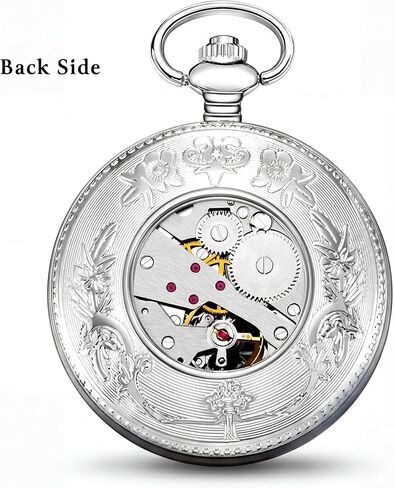 احصل على ساعة جيب ميكانيكية عتيقة من HOUSIA - حافظة رائعة منقوشة بالزهور على الوجهين، تصميم هيكل عظمي هنتر واحد، ساعة فضية عتيقة ذات تعبئة يدوية مع سلسلة 25 سم، صندوق هدايا للرجال in Kuwait
