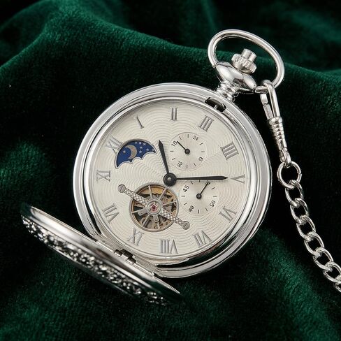 احصل على ساعة جيب ميكانيكية عتيقة من HOUSIA - حافظة رائعة منقوشة بالزهور على الوجهين، تصميم هيكل عظمي هنتر واحد، ساعة فضية عتيقة ذات تعبئة يدوية مع سلسلة 25 سم، صندوق هدايا للرجال in Kuwait