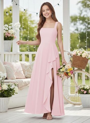Square Neck Junior Bridesmaid Dress Chiffon Flower Girl Dress Spaghetti Strap Girls Formal Dresses for Wedding Party in Saudi Arabia