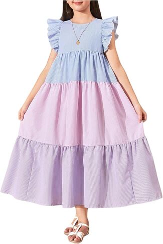 SHENHE Girl's Summer Flutter Sleeve Striped Ruffle Long Dress Tiered Swing Color Block Sundress in Saudi Arabia