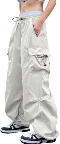 Baggy Cargo Pants for Women Parachute Drawstring Ruched Track Pants Multiple Pockets Jogger Y2K Pants Beige in Kuwait