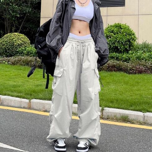 Baggy Cargo Pants for Women Parachute Drawstring Ruched Track Pants Multiple Pockets Jogger Y2K Pants Beige in Kuwait