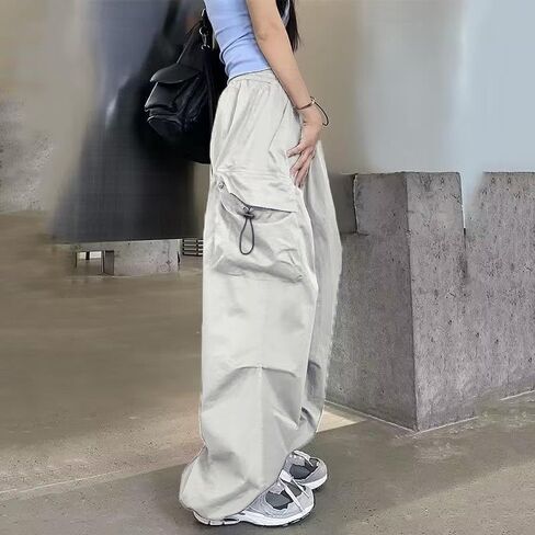 Baggy Cargo Pants for Women Parachute Drawstring Ruched Track Pants Multiple Pockets Jogger Y2K Pants Beige in Kuwait