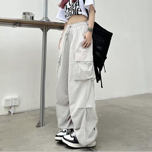 Baggy Cargo Pants for Women Parachute Drawstring Ruched Track Pants Multiple Pockets Jogger Y2K Pants Beige in Kuwait
