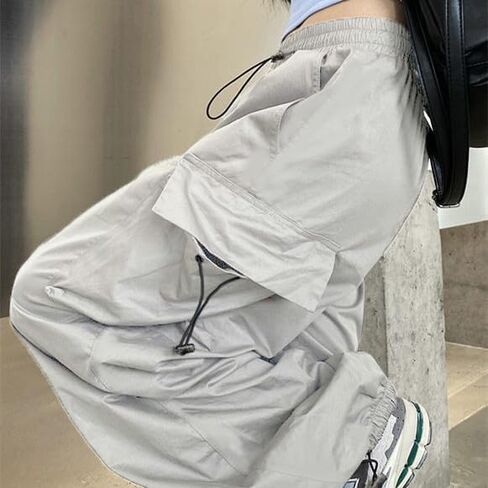 Baggy Cargo Pants for Women Parachute Drawstring Ruched Track Pants Multiple Pockets Jogger Y2K Pants Beige in Kuwait