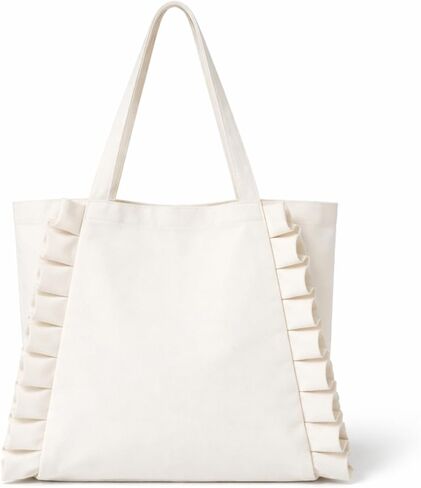 Sadnyy Ruffle Tote Bag Big Capacity Shoulder Bag Travel Tote Handbag for Women Cloth Handbag for Gift Party Favor Shopping(White,Solid Color) in Saudi Arabia