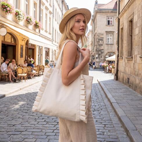 Sadnyy Ruffle Tote Bag Big Capacity Shoulder Bag Travel Tote Handbag for Women Cloth Handbag for Gift Party Favor Shopping(White,Solid Color) in Saudi Arabia