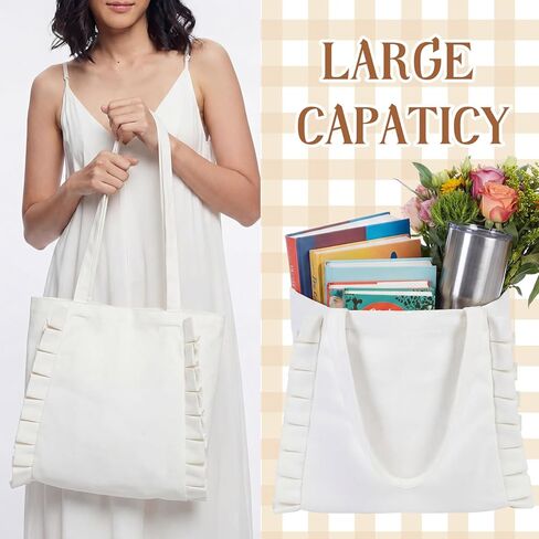 Sadnyy Ruffle Tote Bag Big Capacity Shoulder Bag Travel Tote Handbag for Women Cloth Handbag for Gift Party Favor Shopping(White,Solid Color) in Saudi Arabia
