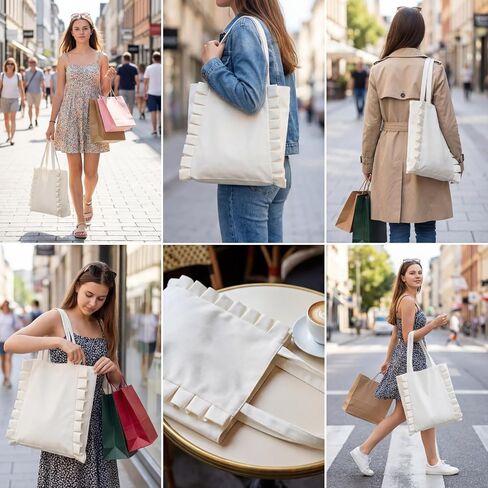 Sadnyy Ruffle Tote Bag Big Capacity Shoulder Bag Travel Tote Handbag for Women Cloth Handbag for Gift Party Favor Shopping(White,Solid Color) in Saudi Arabia