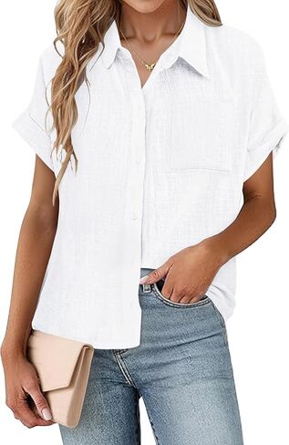 SEMARO Womens Cotton Linen Button Down Shirts Casual Short Sleeve Solid Summer Blouses Tops with Pocket in Kuwait