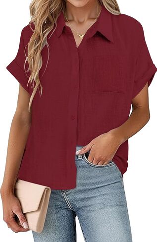 SEMARO Womens Cotton Linen Button Down Shirts Casual Short Sleeve Solid Summer Blouses Tops with Pocket in Saudi Arabia