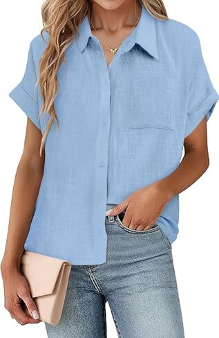 SEMARO Womens Cotton Linen Button Down Shirts Casual Short Sleeve Solid Summer Blouses Tops with Pocket in Saudi Arabia