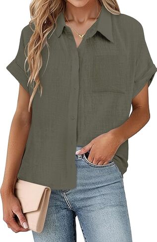 SEMARO Womens Cotton Linen Button Down Shirts Casual Short Sleeve Solid Summer Blouses Tops with Pocket in Saudi Arabia