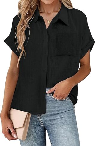 SEMARO Womens Cotton Linen Button Down Shirts Casual Short Sleeve Solid Summer Blouses Tops with Pocket in Saudi Arabia