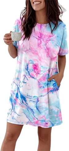 CHICME Nightgowns for Women Short Sleeve Sleep Shirts Casual Loose Printed Sleep Dress Soft Sleepwear with Pockets in Saudi Arabia