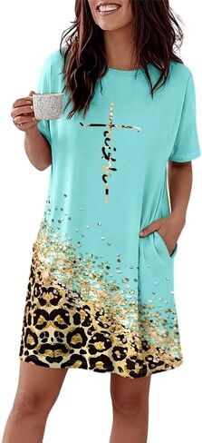 CHICME Nightgowns for Women Short Sleeve Sleep Shirts Casual Loose Printed Sleep Dress Soft Sleepwear with Pockets in Saudi Arabia