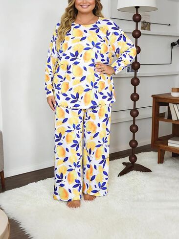 Plus-Size Women's Long-Sleeved Pajama Set, Round Neck, Soft Fabric, Elastic Waistband, Comfortable Women's Loungewear in Saudi Arabia