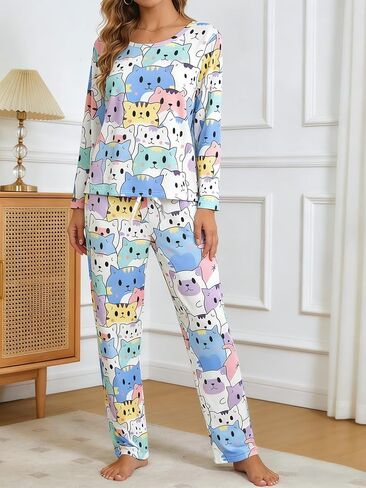 Women's Long-Sleeved Pajama Set, Round Neck, Soft Fabric, Elastic Waistband, Comfortable Women's Loungewear in Saudi Arabia