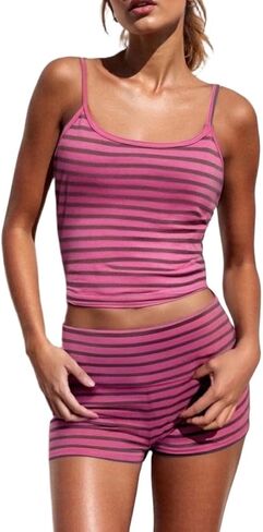 ROAONOCOMO Women Y2k Striped Shorts Set Sleeveless Backless Cami Top Polka Dot Mini Shorts Outfit Fitted 2 Piece Lounge Set in Kuwait
