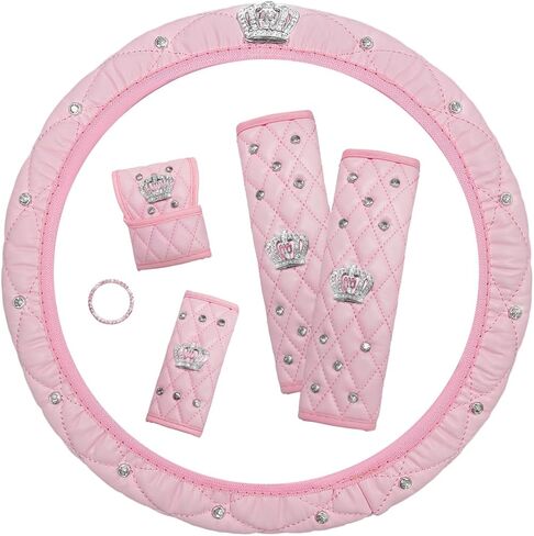 6PCS Bling Car Accessories Set, Sparkly Steering Wheel Protector w/Seatbelt Gearshift Handbrake Cover & Start Button Ring, Soft Leather Car Accessories Decorative Full Set (Pink) in Saudi Arabia