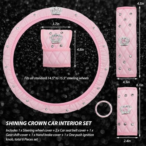 6PCS Bling Car Accessories Set, Sparkly Steering Wheel Protector w/Seatbelt Gearshift Handbrake Cover & Start Button Ring, Soft Leather Car Accessories Decorative Full Set (Pink) in Saudi Arabia