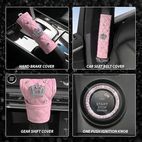 6PCS Bling Car Accessories Set, Sparkly Steering Wheel Protector w/Seatbelt Gearshift Handbrake Cover & Start Button Ring, Soft Leather Car Accessories Decorative Full Set (Pink) in Saudi Arabia