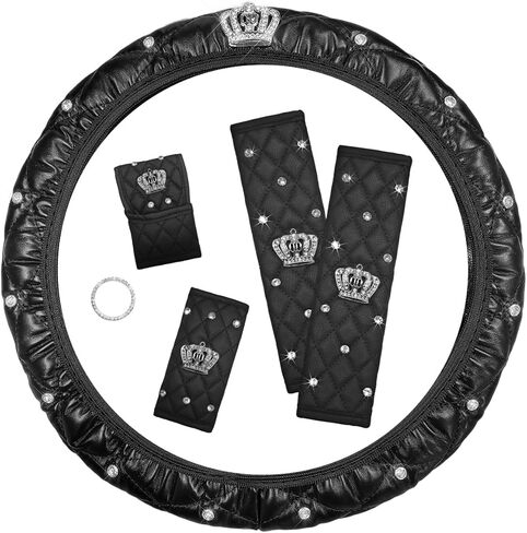 6PCS Bling Car Accessories Set, Sparkly Steering Wheel Protector w/Seatbelt Gearshift Handbrake Cover & Start Button Ring, Soft Leather Car Accessories Decorative Full Set (Pink) in Kuwait