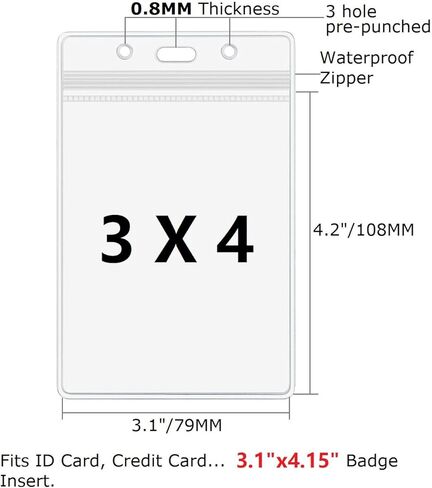 Badge Holder Vertical ID Card Holder Waterproof Zip Plastic Name Badge Holders Clear Name Tag Protector for Nurses, Office and School, Teacher, Lanyard, Travel (25, Vertical 3x4) in Saudi Arabia